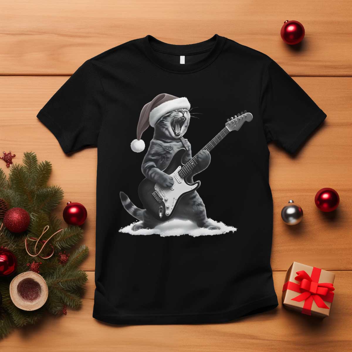 Funny Cat Guitar T Shirt Rock and Roll Christmas - Wonder Print Shop