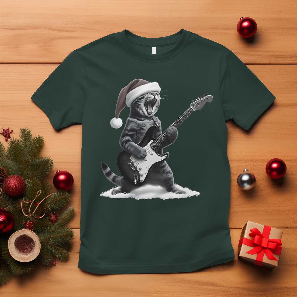 Funny Cat Guitar T Shirt Rock and Roll Christmas - Wonder Print Shop