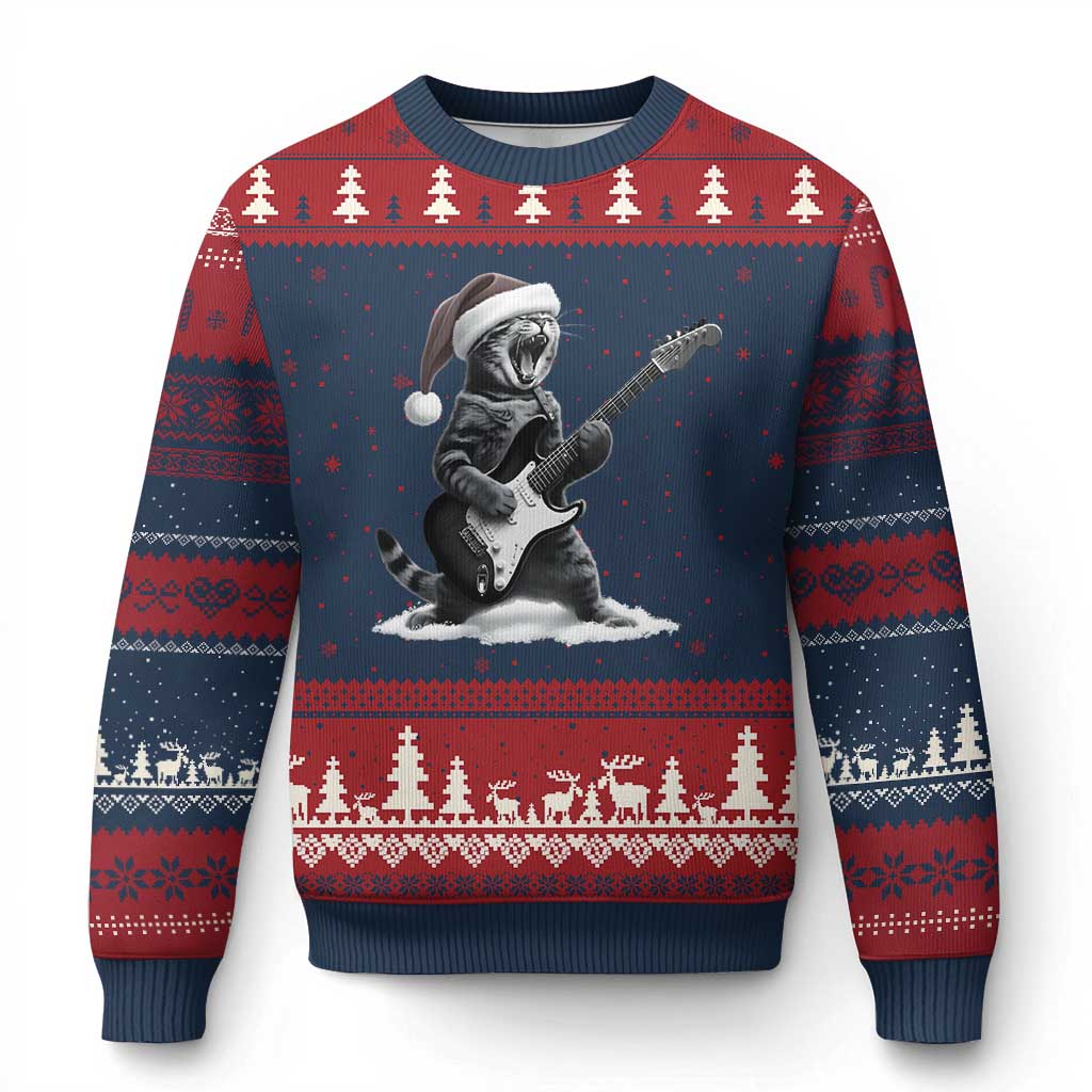 Funny Cat Guitar Ugly Christmas Sweater Rock and Roll Xmas - Wonder Print Shop