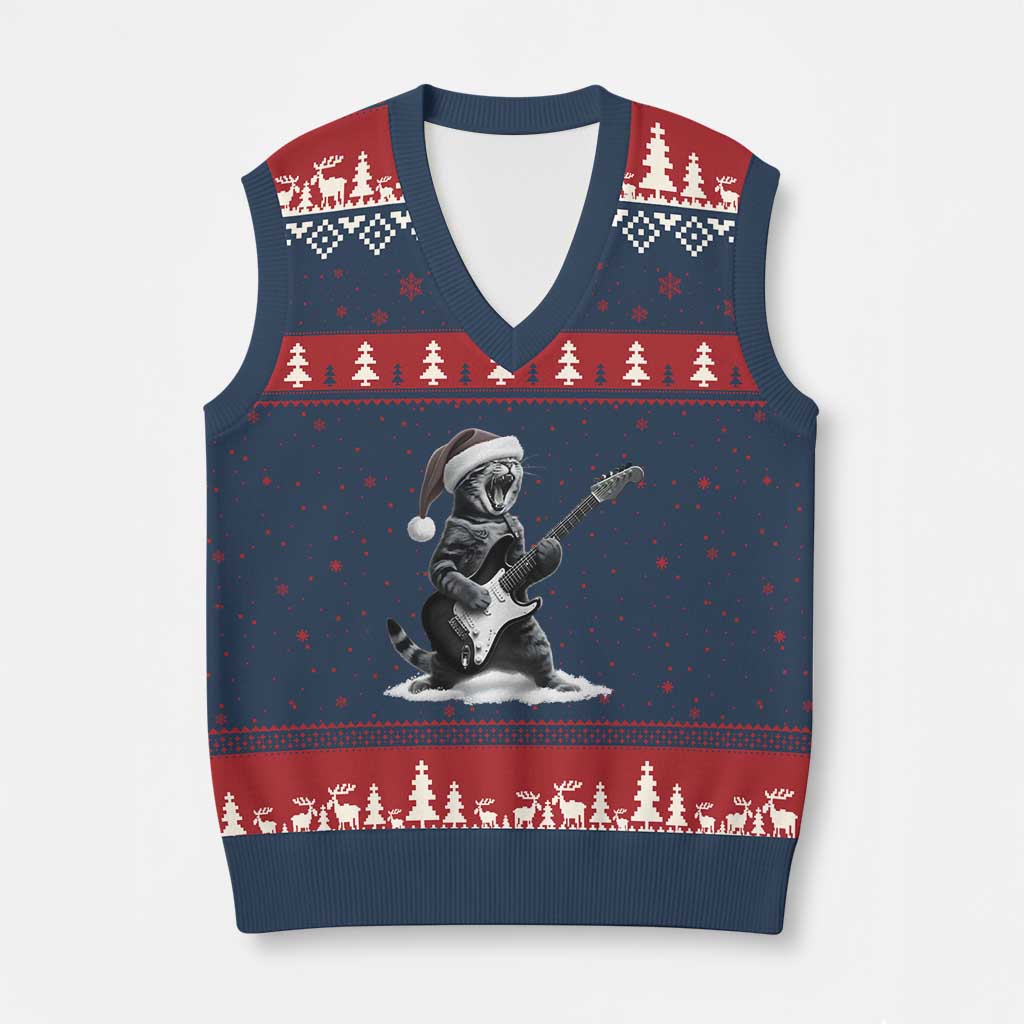 Funny Cat Guitar V-Neck Knit Sweater Vest Rock and Roll Xmas - Wonder Print Shop
