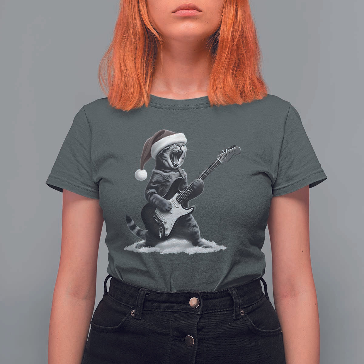 Funny Cat Guitar T Shirt For Women Rock and Roll Christmas - Wonder Print Shop