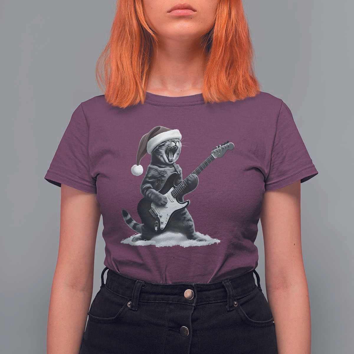 Funny Cat Guitar T Shirt For Women Rock and Roll Christmas - Wonder Print Shop