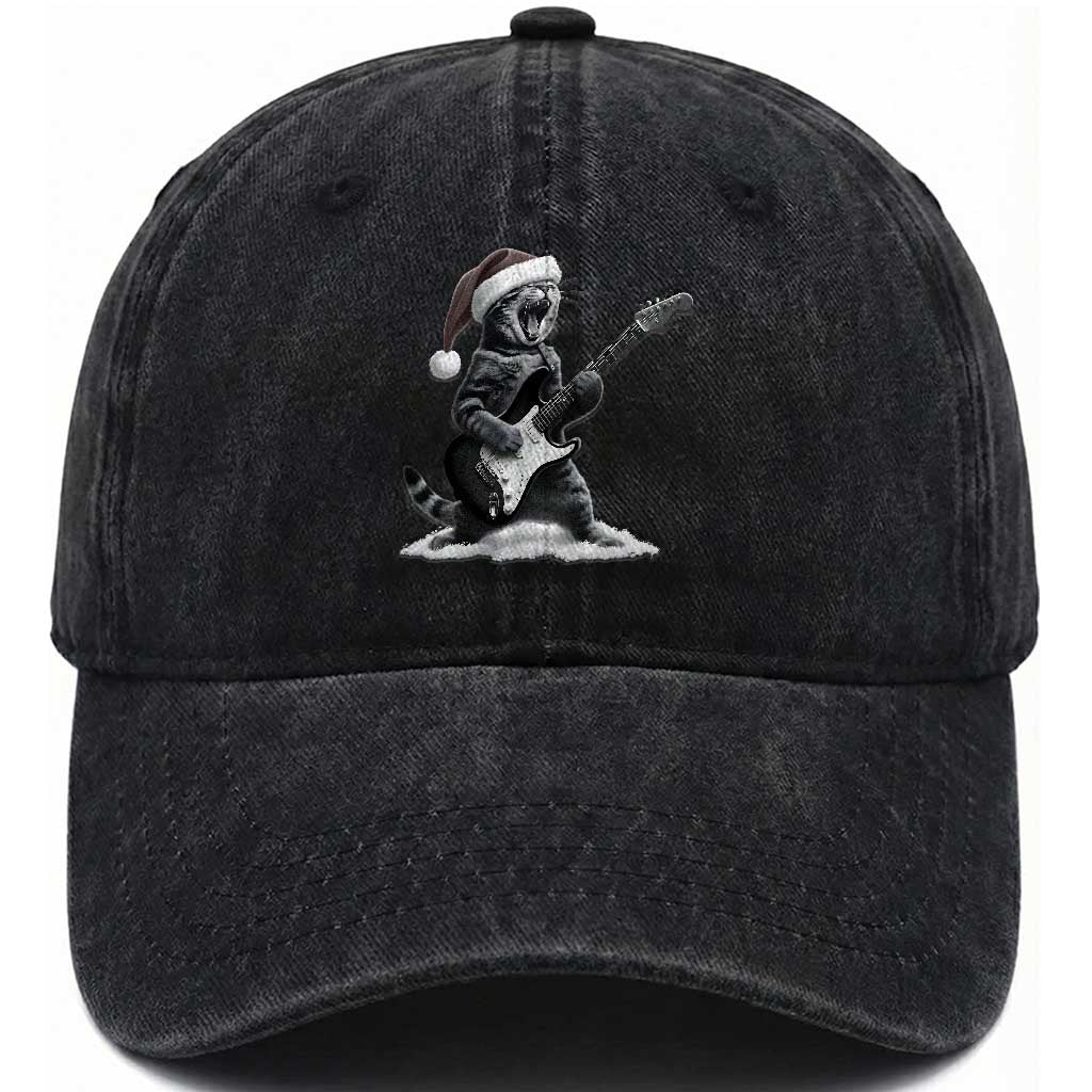 Funny Cat Guitar Washed Cotton Baseball Cap Rock and Roll Christmas
