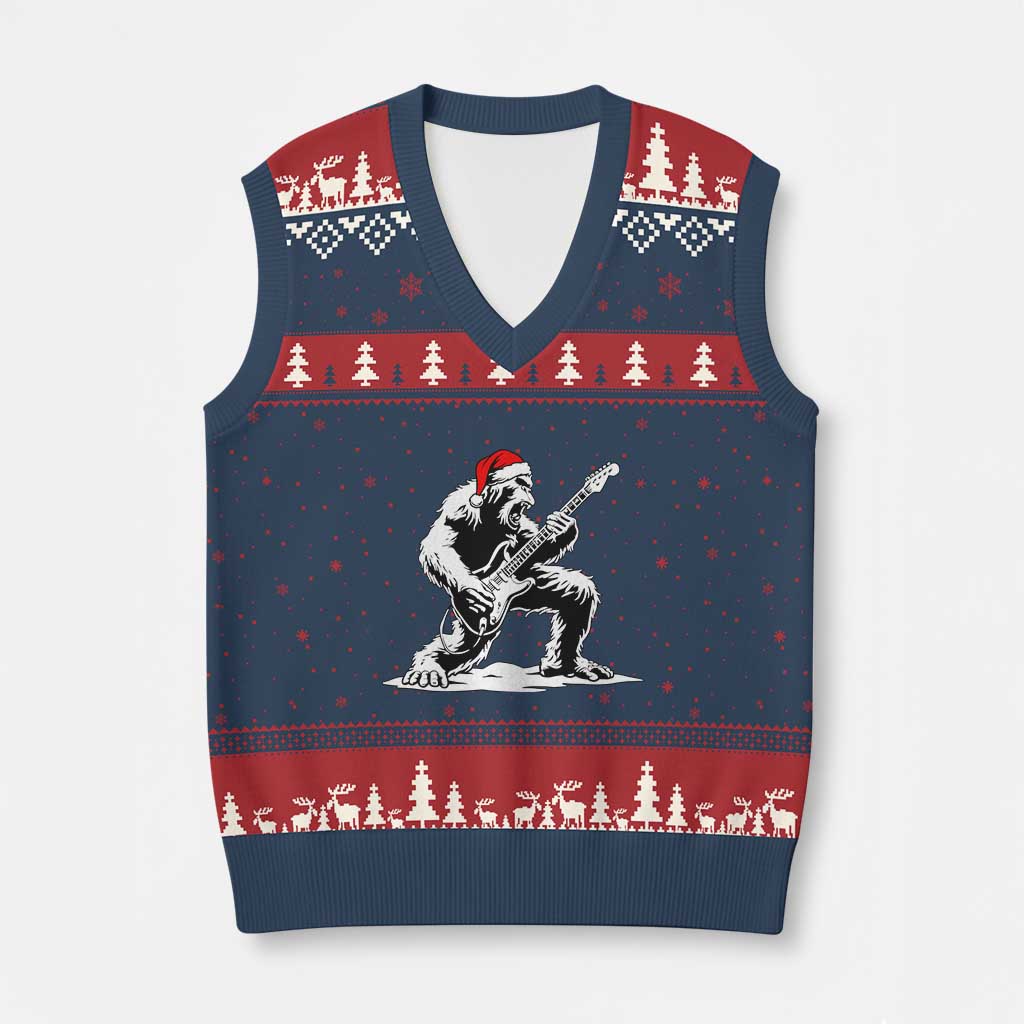 Funny Bigfoot Guitar V-Neck Knit Sweater Vest Rock and Roll Xmas - Wonder Print Shop