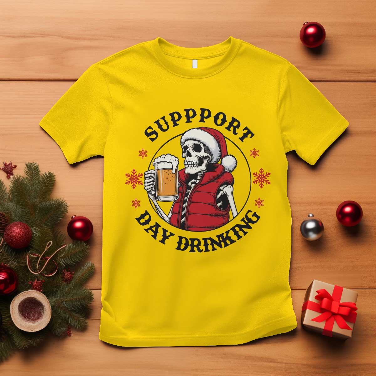 Funny Skeleton Beer Christmas T Shirt Support Day Drinking - Wonder Print Shop