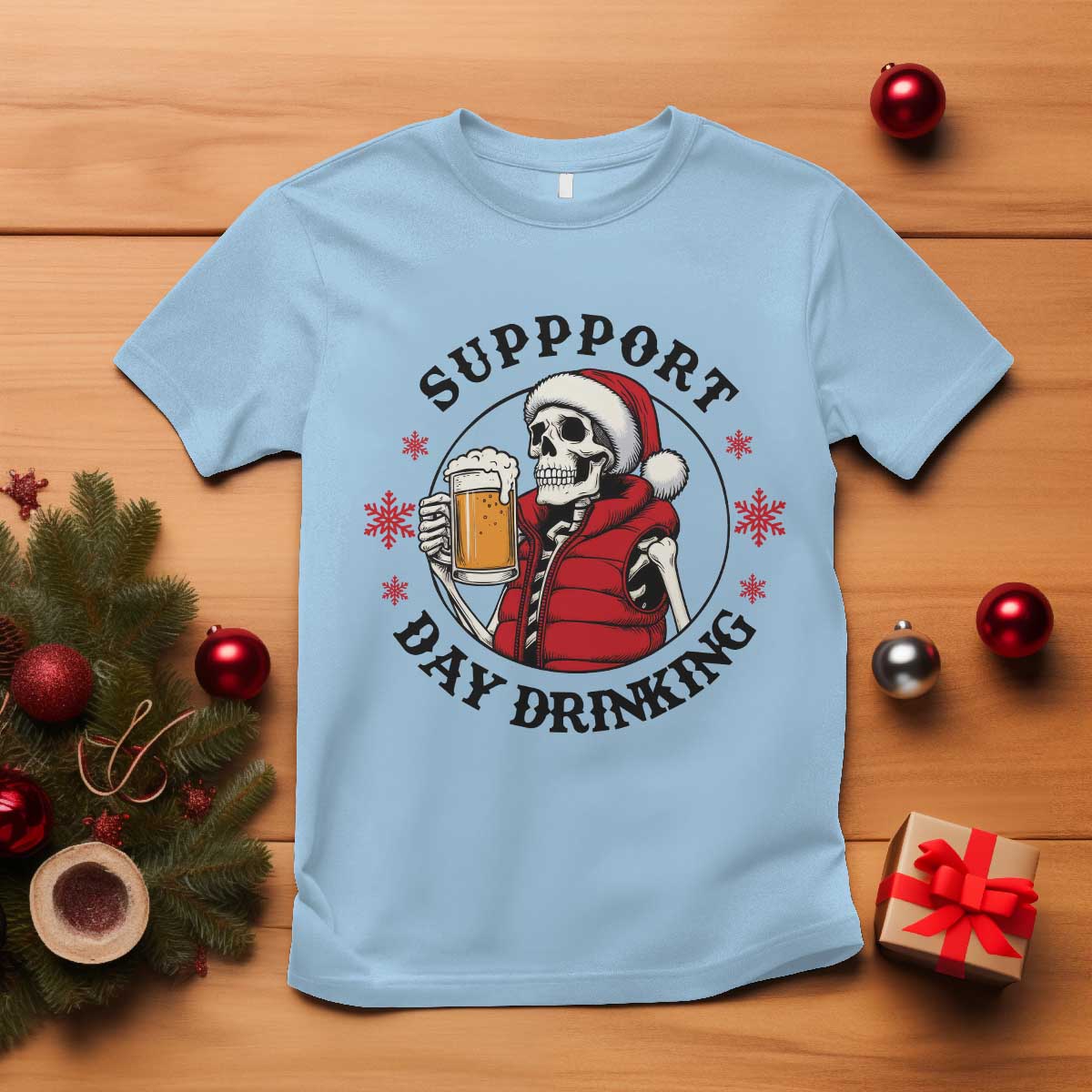 Funny Skeleton Beer Christmas T Shirt Support Day Drinking - Wonder Print Shop