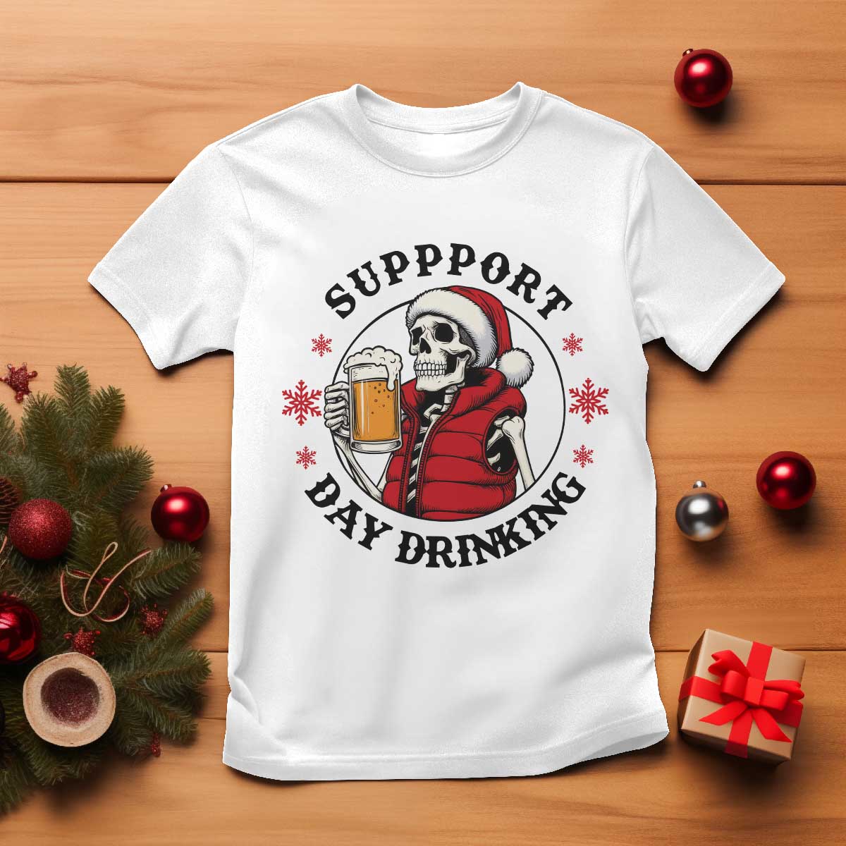 Funny Skeleton Beer Christmas T Shirt Support Day Drinking - Wonder Print Shop