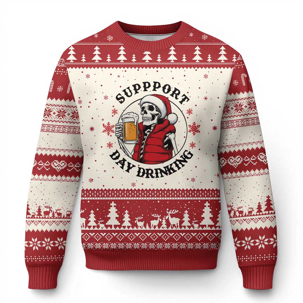 Funny Skeleton Beer Xmas Ugly Christmas Sweater Support Day Drinking - Wonder Print Shop