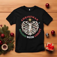 Funny Skeleton Christian T Shirt Christmas Begins With Christ - Wonder Print Shop