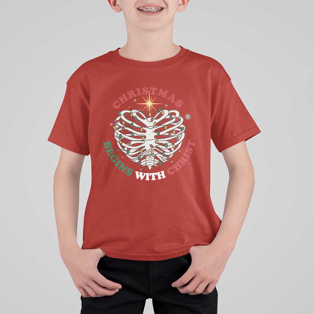 Funny Skeleton Christian T Shirt For Kid Christmas Begins With Christ - Wonder Print Shop
