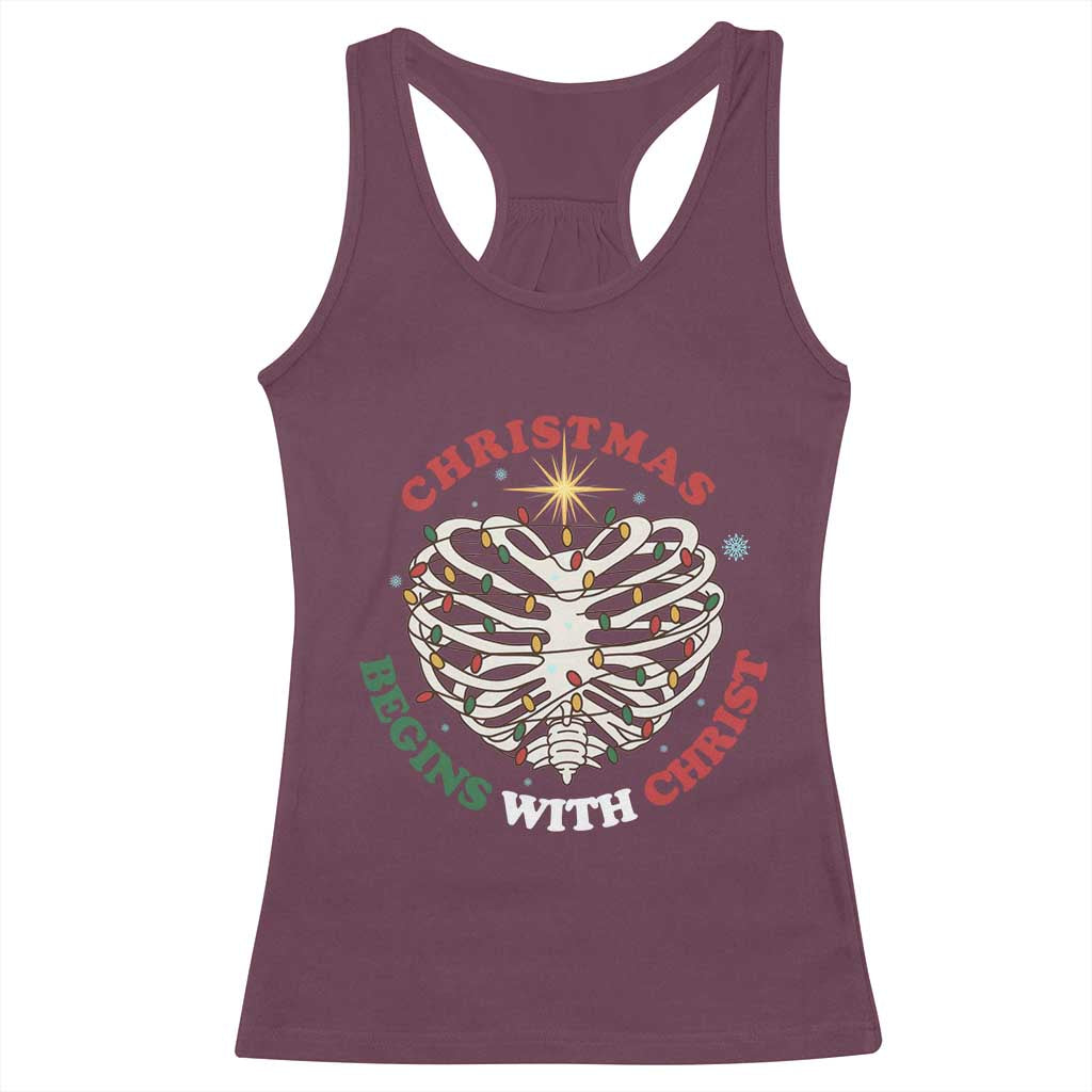 Funny Skeleton Christian Racerback Tank Top Christmas Begins With Christ - Wonder Print Shop