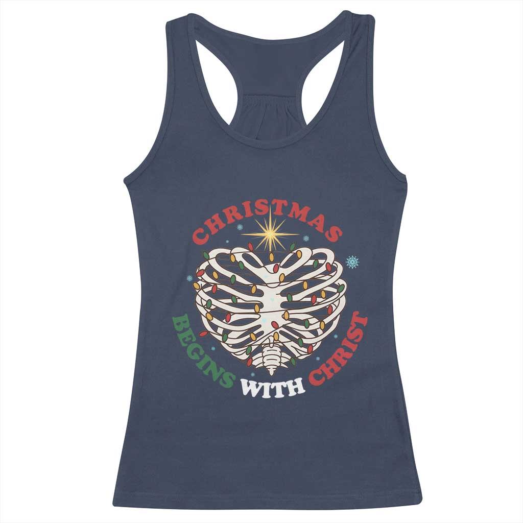Funny Skeleton Christian Racerback Tank Top Christmas Begins With Christ - Wonder Print Shop
