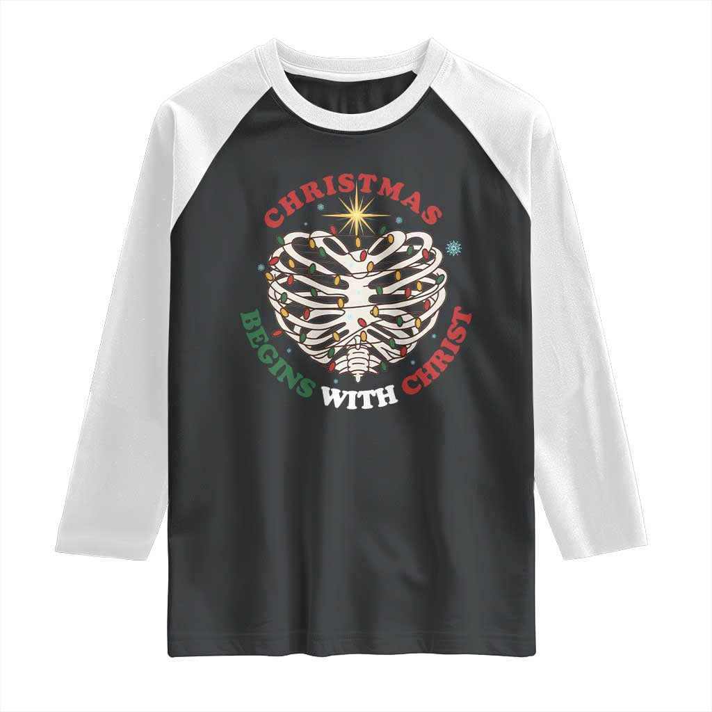 Funny Skeleton Christian Raglan Shirt Christmas Begins With Christ - Wonder Print Shop