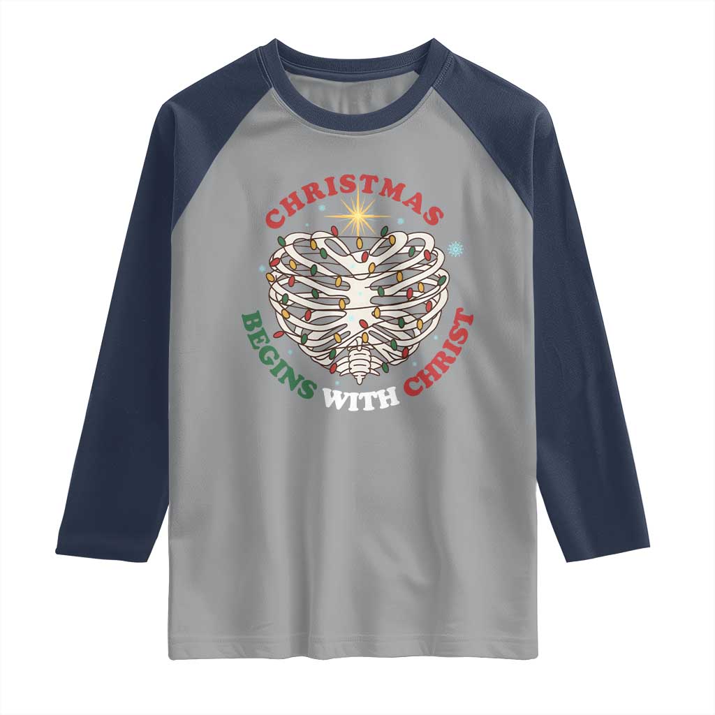 Funny Skeleton Christian Raglan Shirt Christmas Begins With Christ - Wonder Print Shop