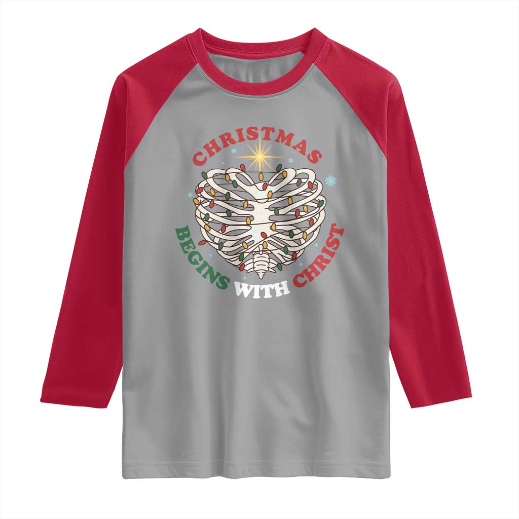 Funny Skeleton Christian Raglan Shirt Christmas Begins With Christ - Wonder Print Shop