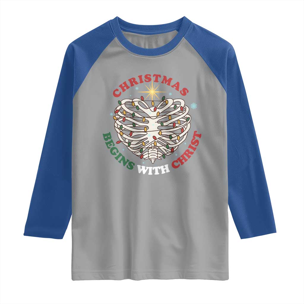 Funny Skeleton Christian Raglan Shirt Christmas Begins With Christ - Wonder Print Shop