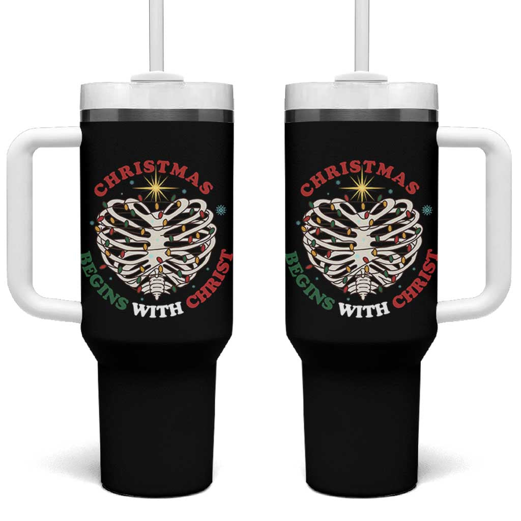 Funny Skeleton Christian Tumbler With Handle Christmas Begins With Christ - Wonder Print Shop