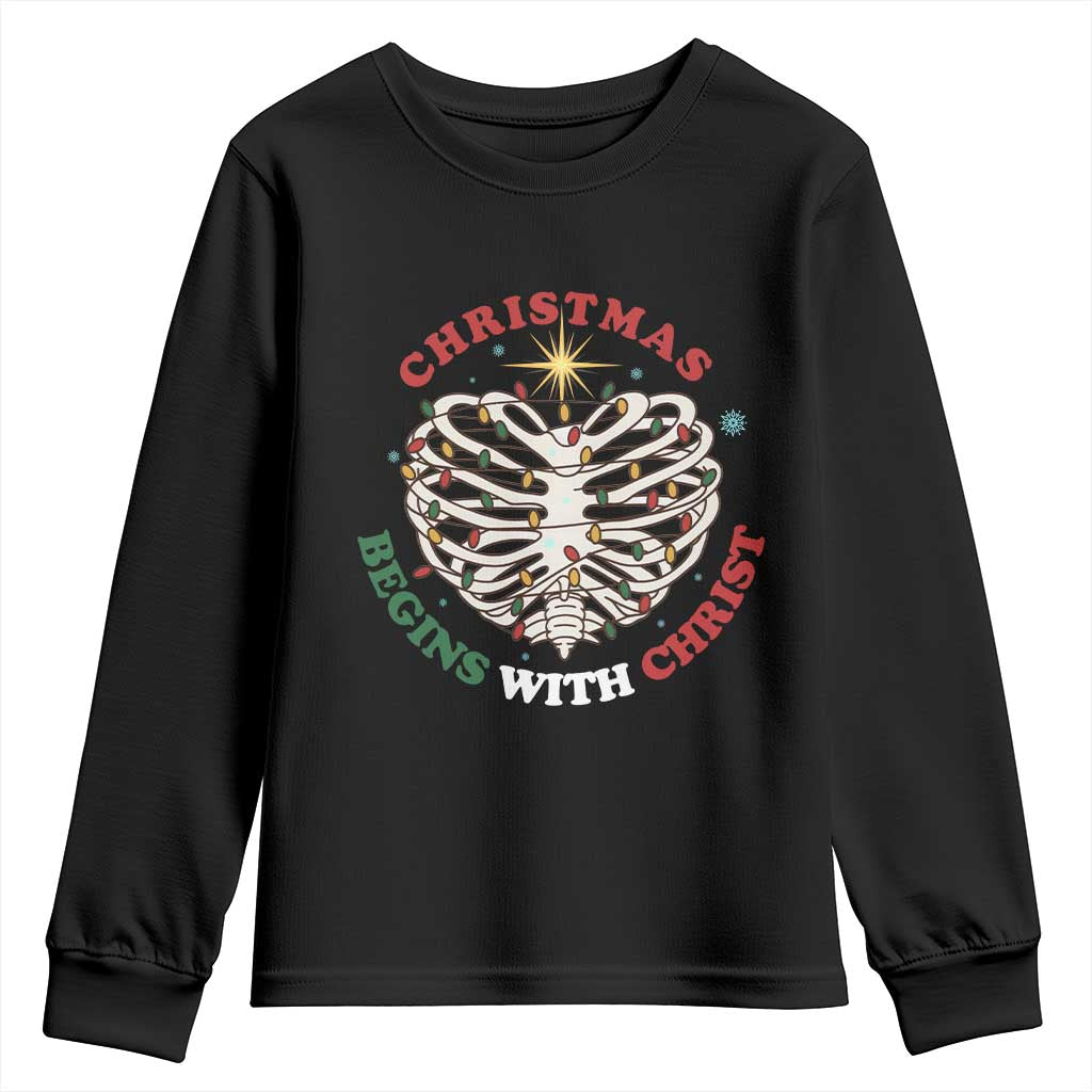 Funny Skeleton Christian Youth Sweatshirt Christmas Begins With Christ - Wonder Print Shop