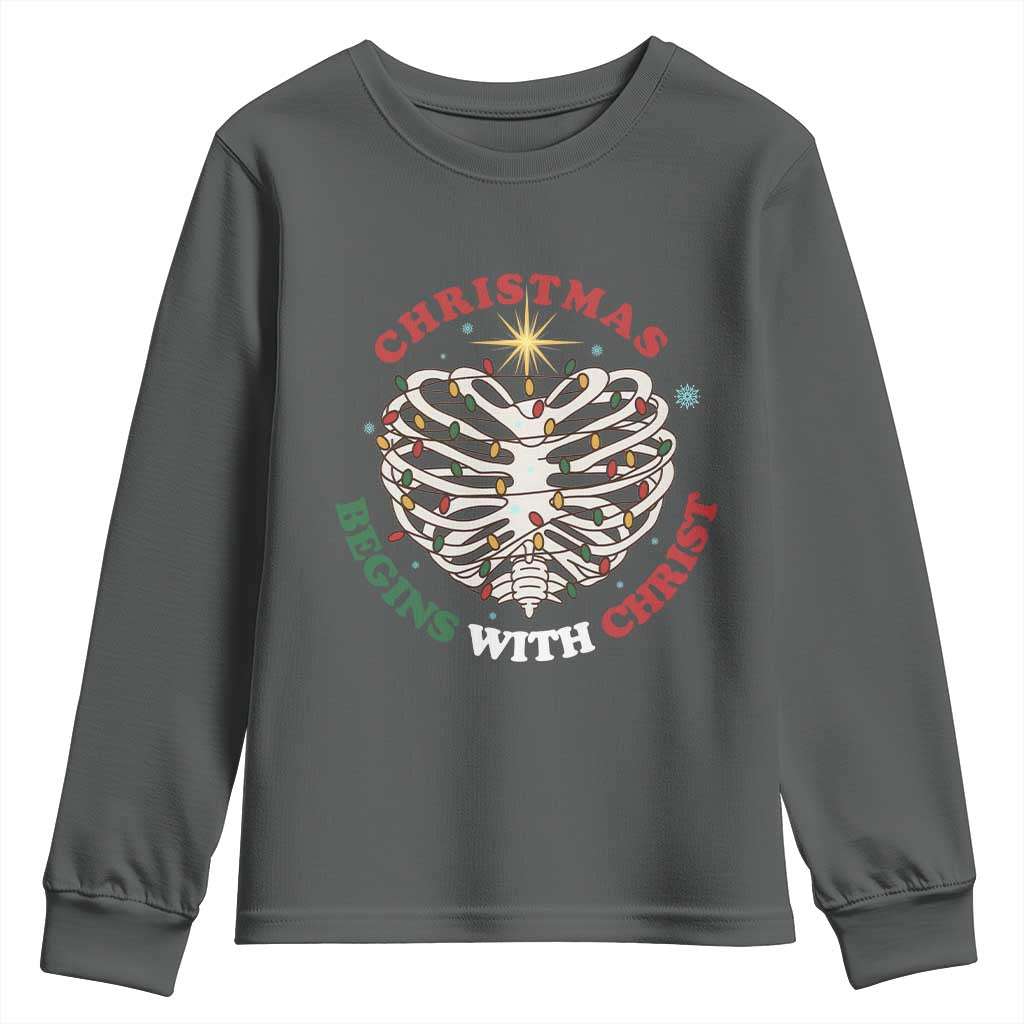 Funny Skeleton Christian Youth Sweatshirt Christmas Begins With Christ - Wonder Print Shop