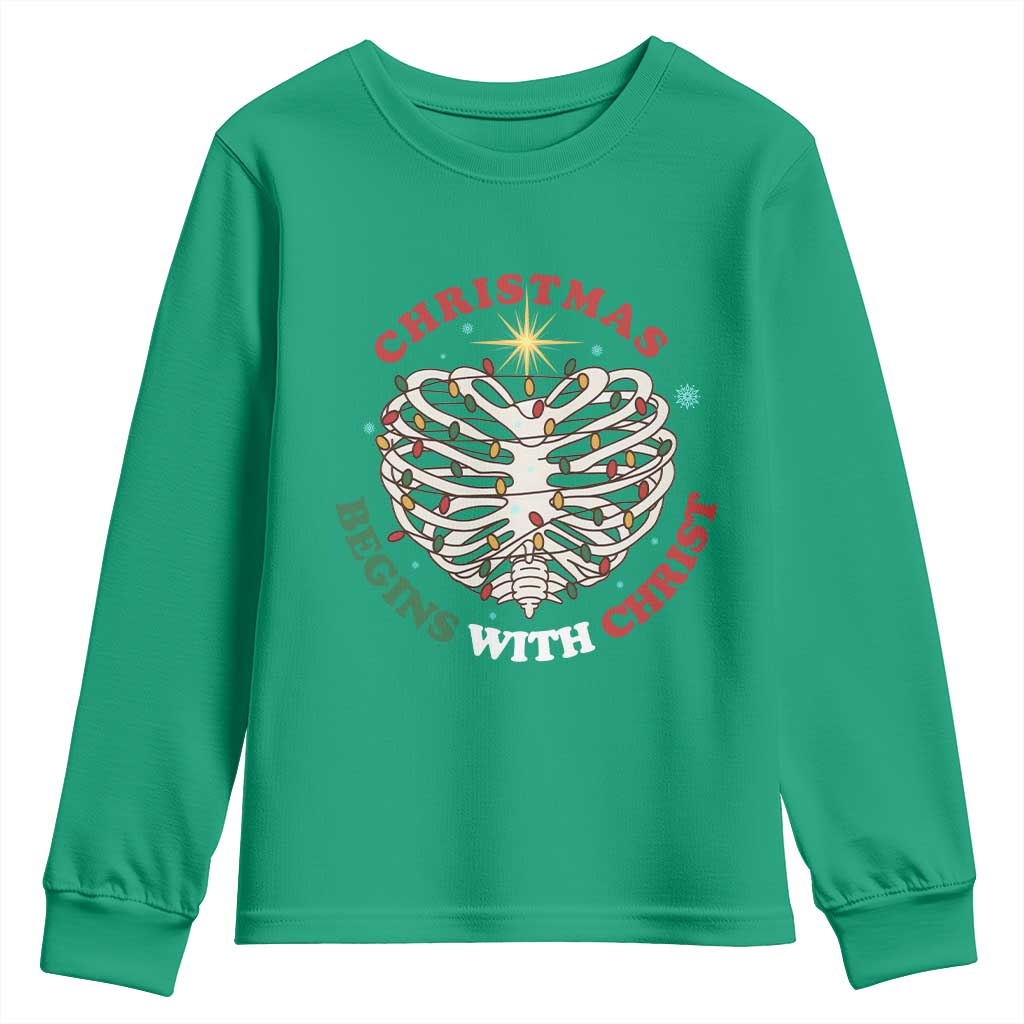 Funny Skeleton Christian Youth Sweatshirt Christmas Begins With Christ - Wonder Print Shop