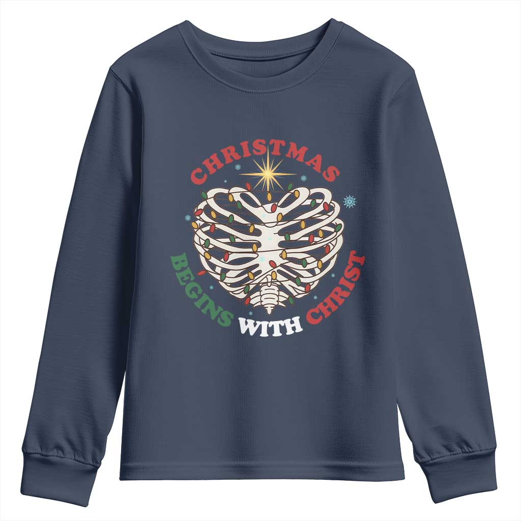 Funny Skeleton Christian Youth Sweatshirt Christmas Begins With Christ - Wonder Print Shop