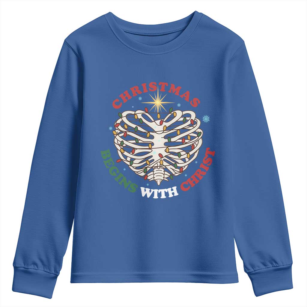 Funny Skeleton Christian Youth Sweatshirt Christmas Begins With Christ - Wonder Print Shop