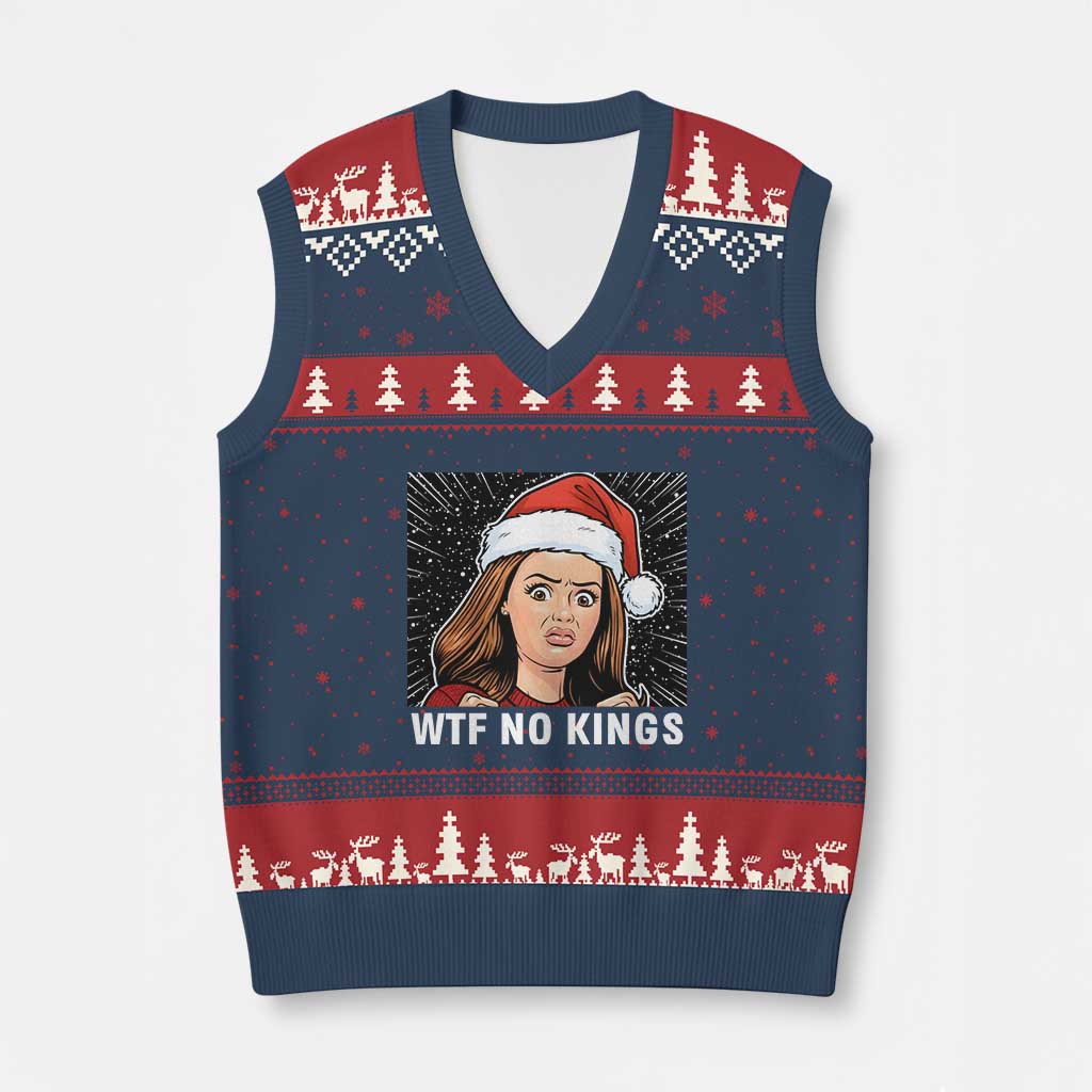 No Kings V-Neck Knit Sweater Vest Funny Doll Face Meme Xmas - Wonder Print Shop