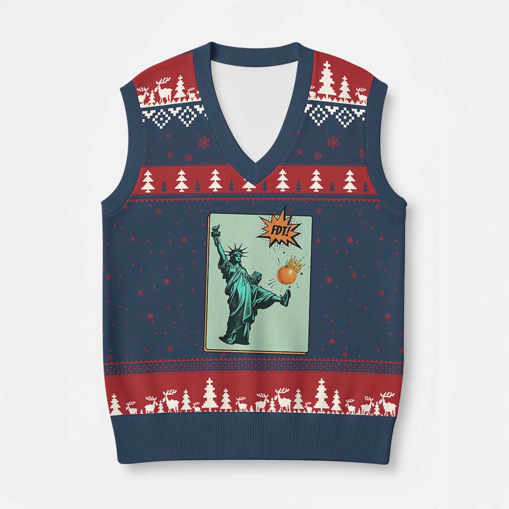 No Kings V-Neck Knit Sweater Vest Statue of Liberty Political Protest - Wonder Print Shop