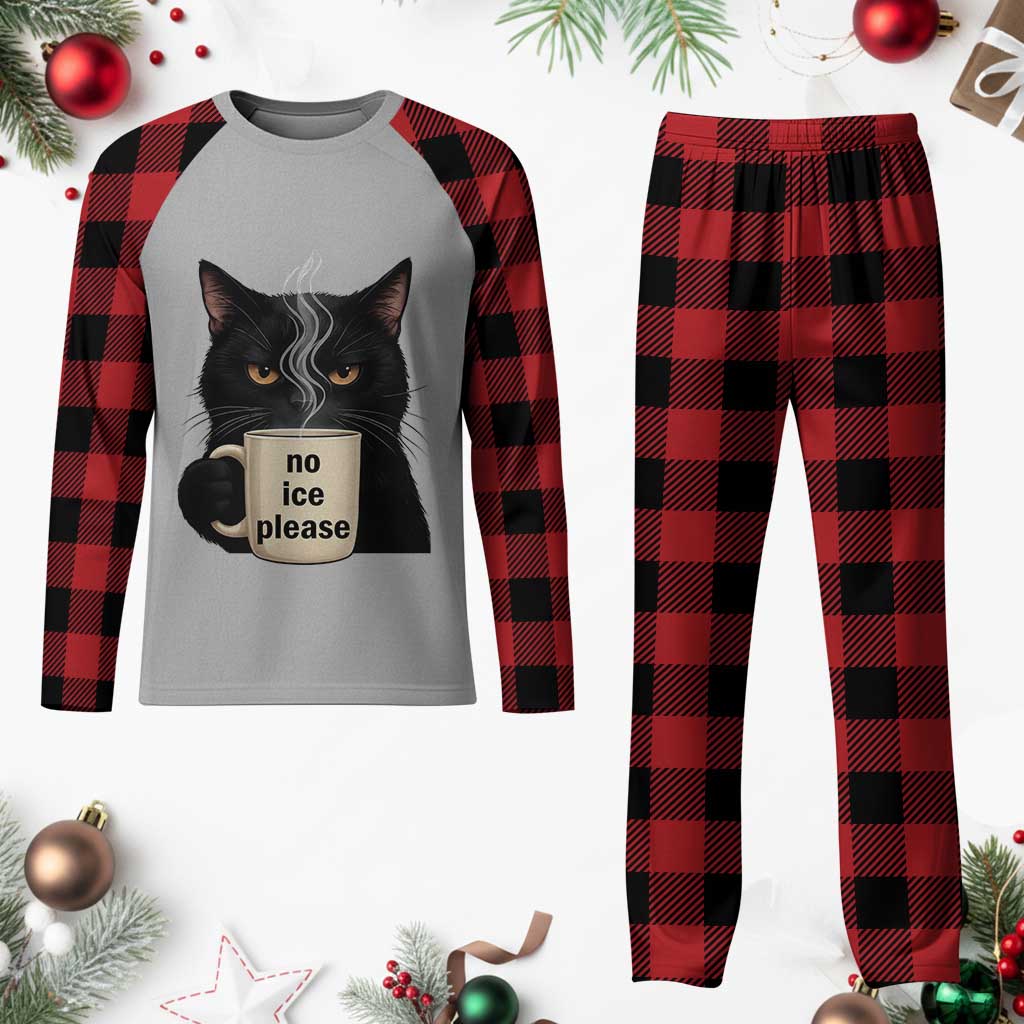 No Ice Please Plaid Pajama Set Funny Black Cat Anti ICE Meme