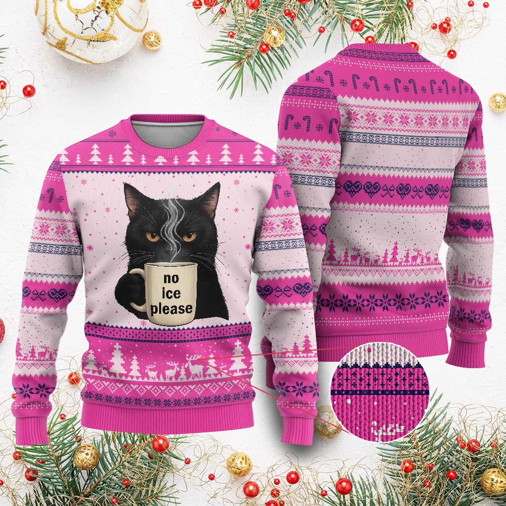 No Ice Please Ugly Christmas Sweater Funny Black Cat Anti ICE Meme