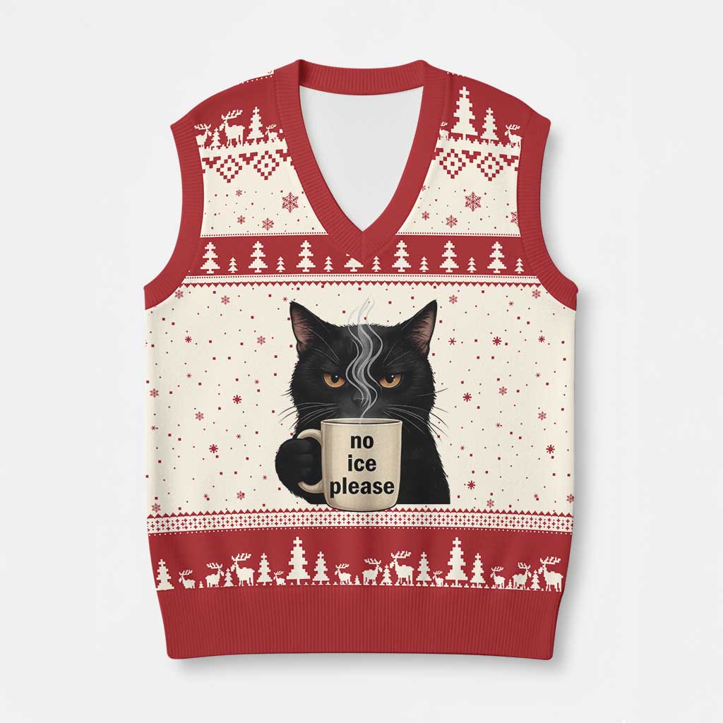 No Ice Please V-Neck Knit Sweater Vest Funny Black Cat Anti ICE Meme