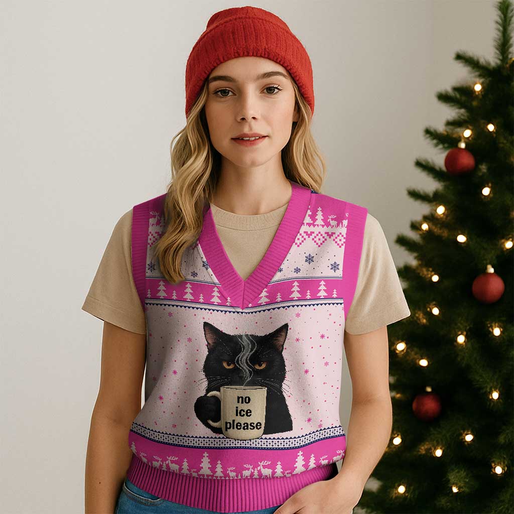 No Ice Please V-Neck Knit Sweater Vest Funny Black Cat Anti ICE Meme