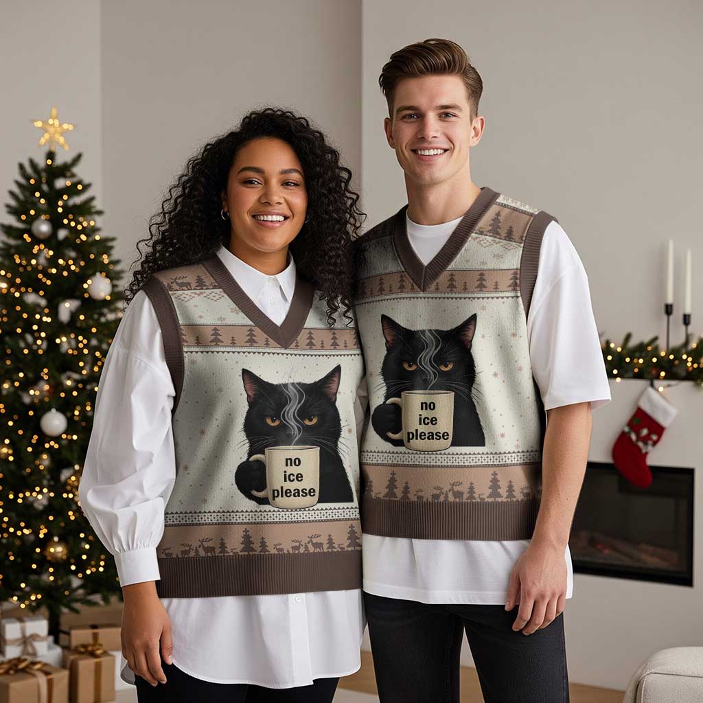 No Ice Please V-Neck Knit Sweater Vest Funny Black Cat Anti ICE Meme
