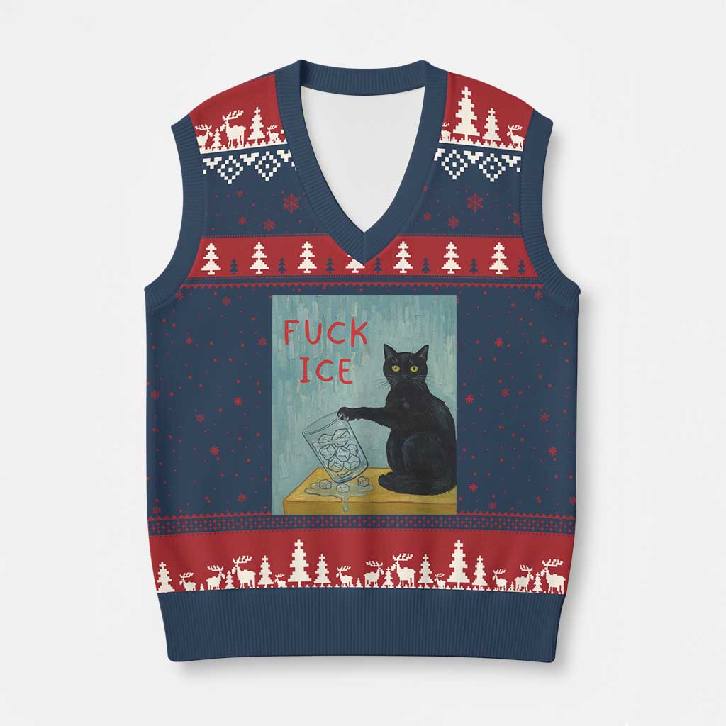 No Ice Please V-Neck Knit Sweater Vest Funny Cat Anti ICE Artist Meme