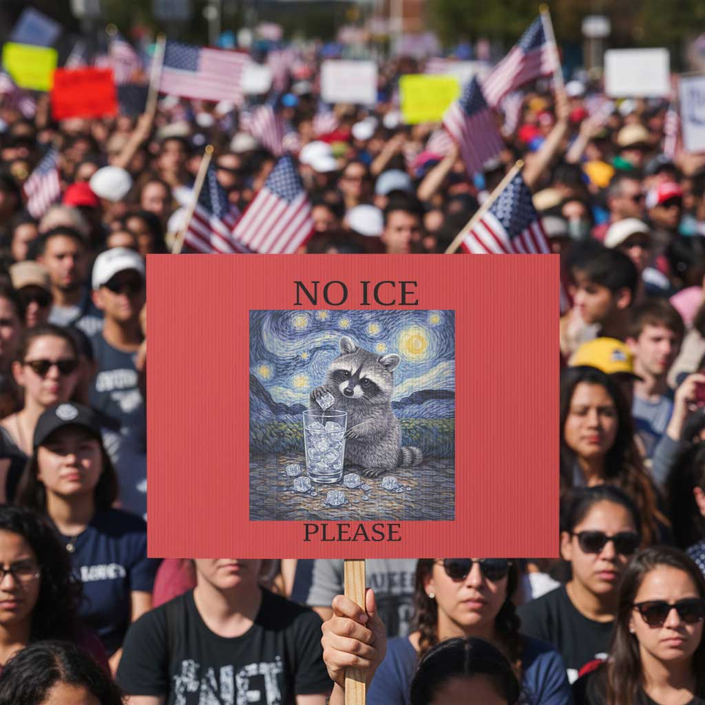 No Ice Please Protest Sign Starry Night Raccoon Trash Panda Anti ICE Meme