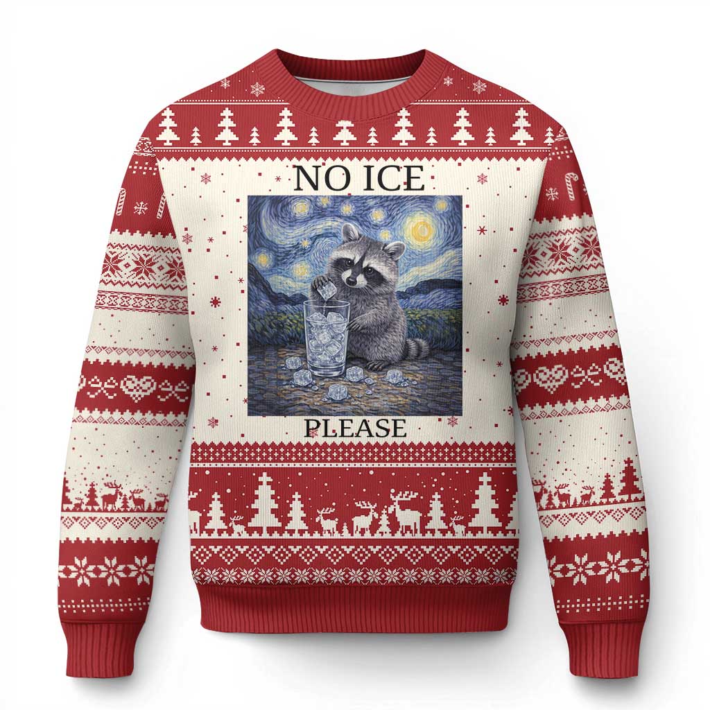 No Ice Please Ugly Christmas Sweater Starry Night Raccoon Trash Panda Anti ICE Meme