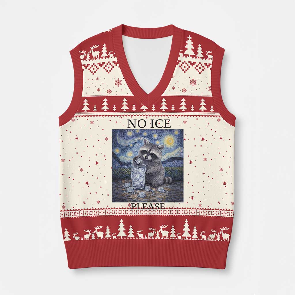No Ice Please V-Neck Knit Sweater Vest Starry Night Raccoon Trash Panda Anti ICE Meme