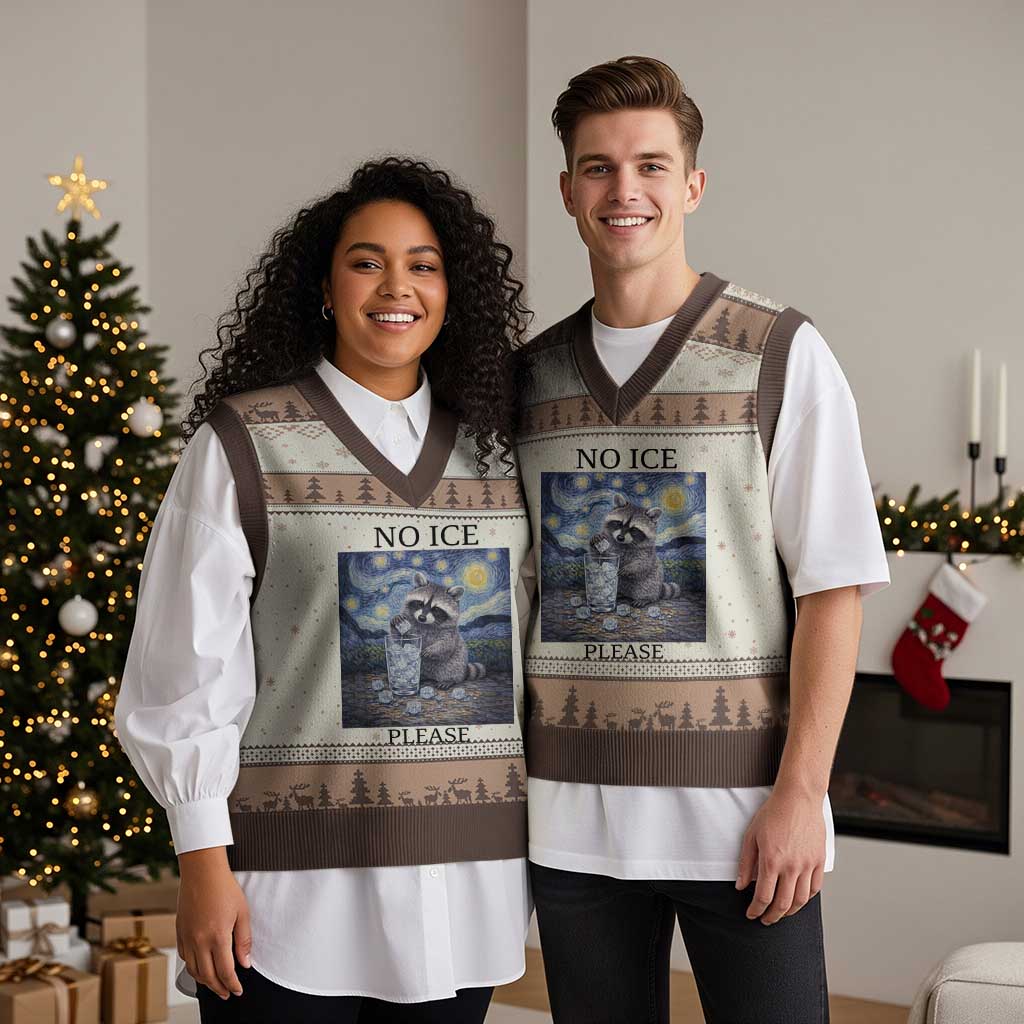 No Ice Please V-Neck Knit Sweater Vest Starry Night Raccoon Trash Panda Anti ICE Meme