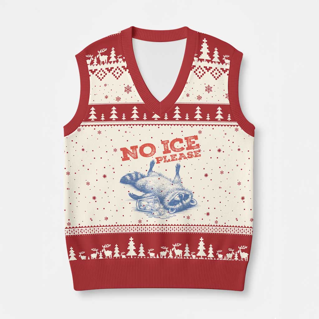 No Ice Please V-Neck Knit Sweater Vest Funny Raccoon Trash Panda Anti ICE Meme