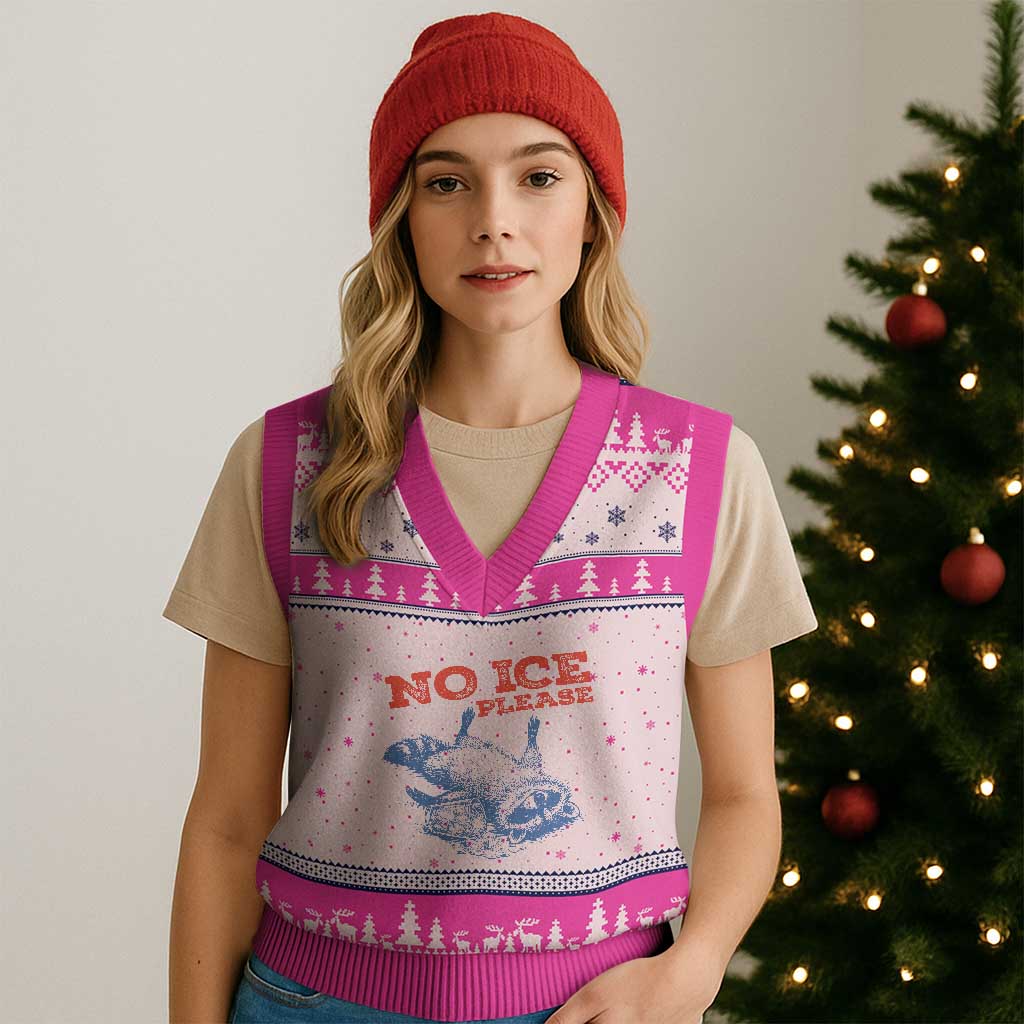 No Ice Please V-Neck Knit Sweater Vest Funny Raccoon Trash Panda Anti ICE Meme