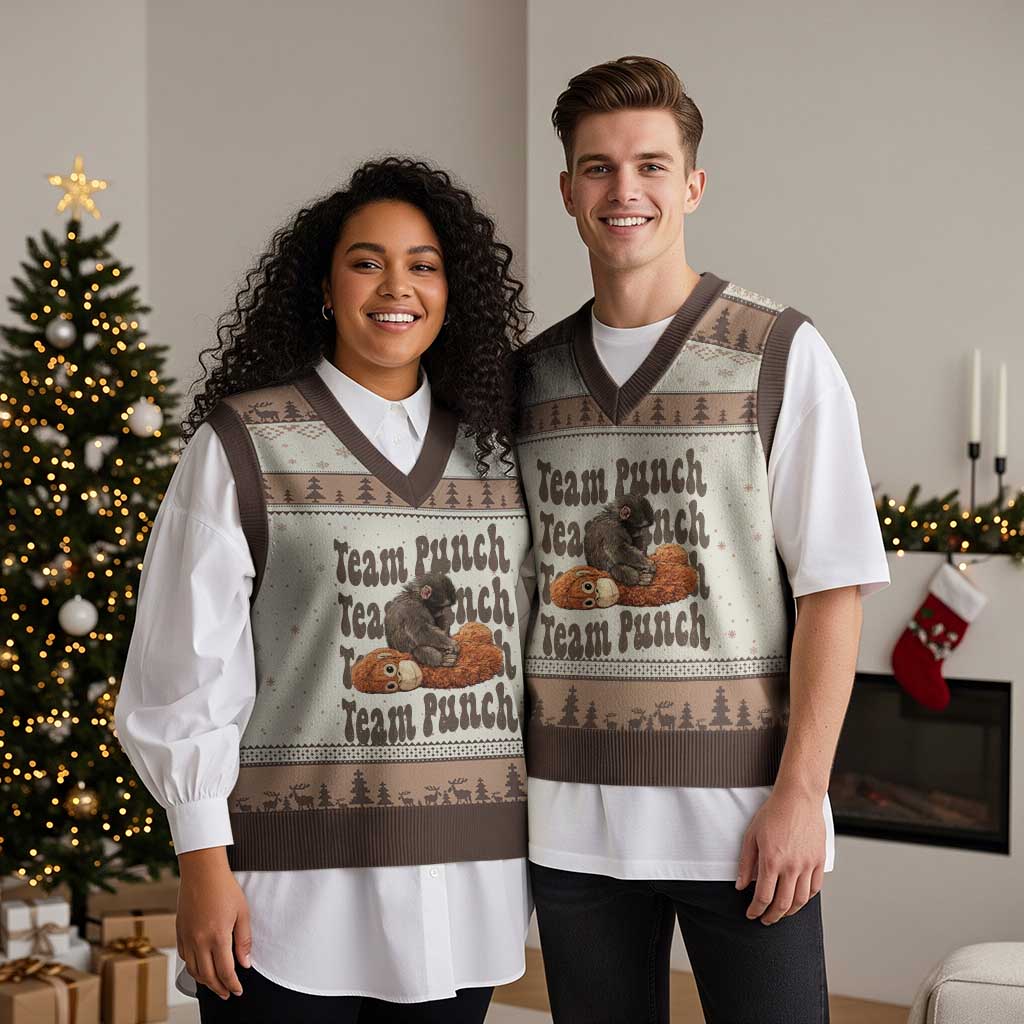 Team Punch Monkey V-Neck Knit Sweater Vest Baby Monkey And Plush Toy Viral