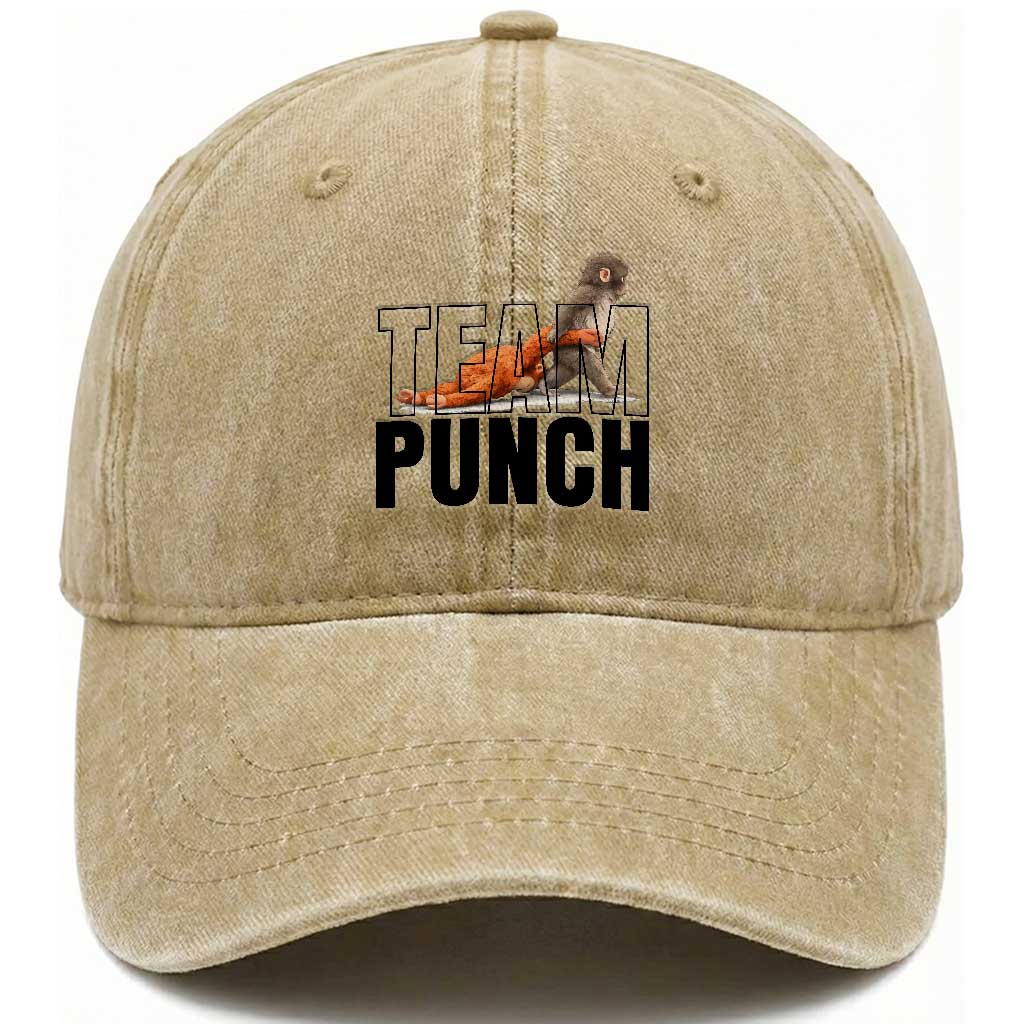 Team Punch Monkey Washed Cotton Baseball Cap Viral Trend Baby Monkey Meme