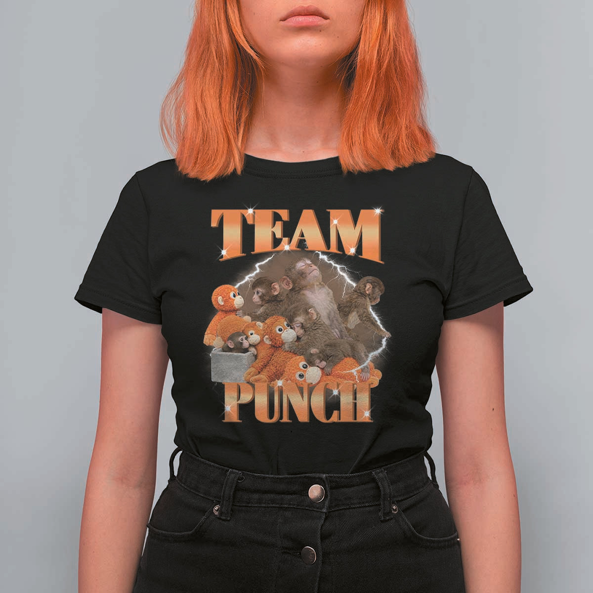Viral Punch Monkey T Shirt For Women Cute Baby Monkey With Plush Toy Meme