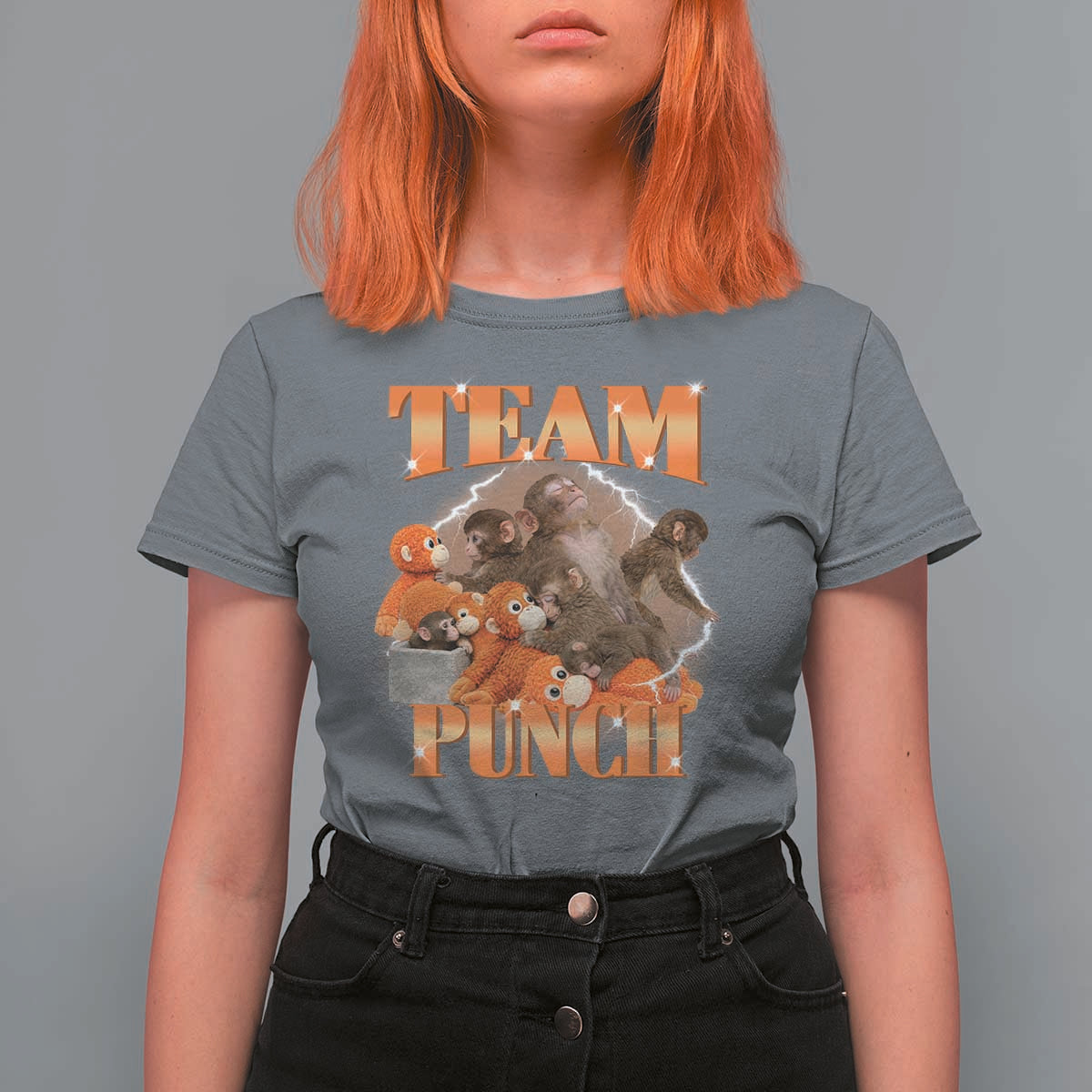 Viral Punch Monkey T Shirt For Women Cute Baby Monkey With Plush Toy Meme