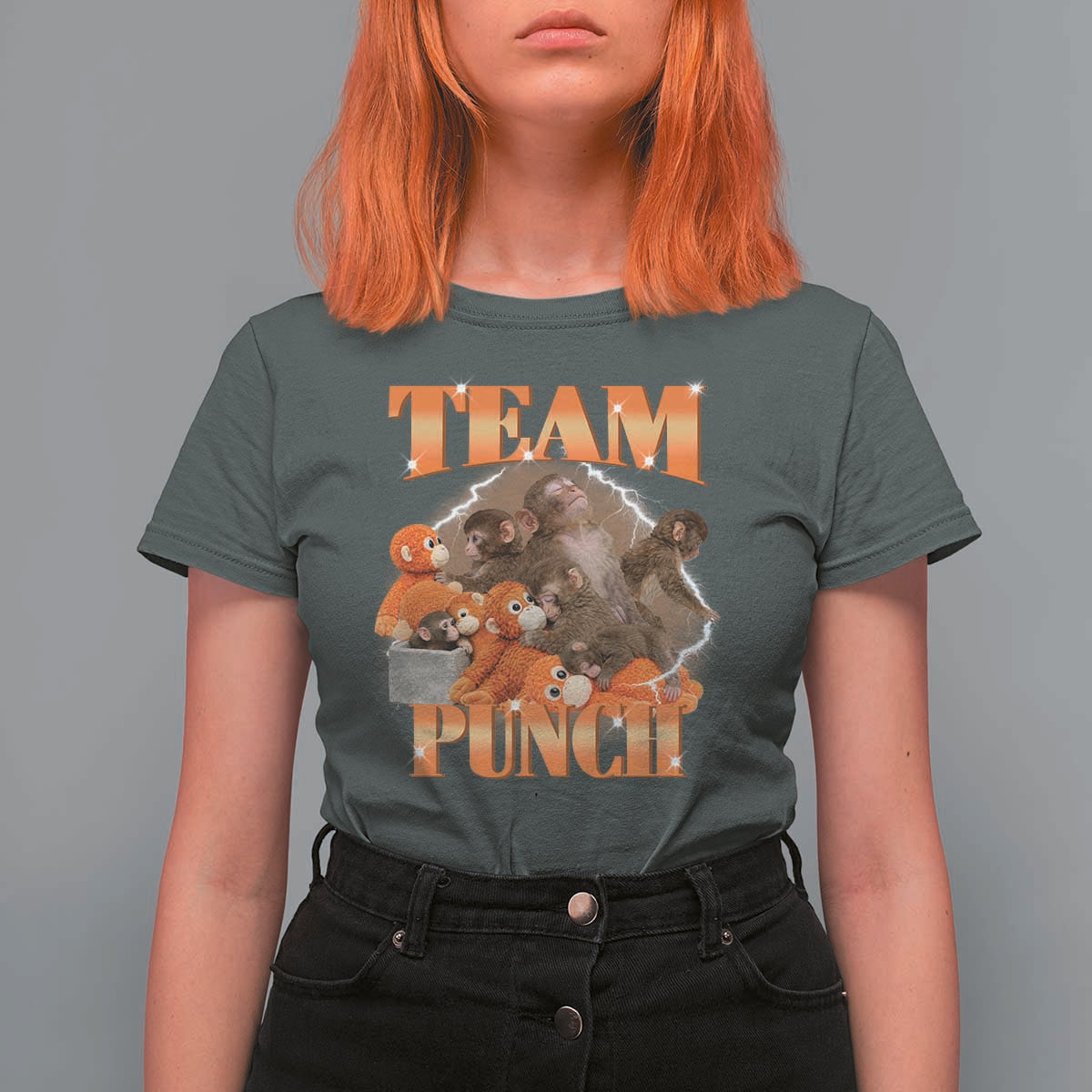 Viral Punch Monkey T Shirt For Women Cute Baby Monkey With Plush Toy Meme