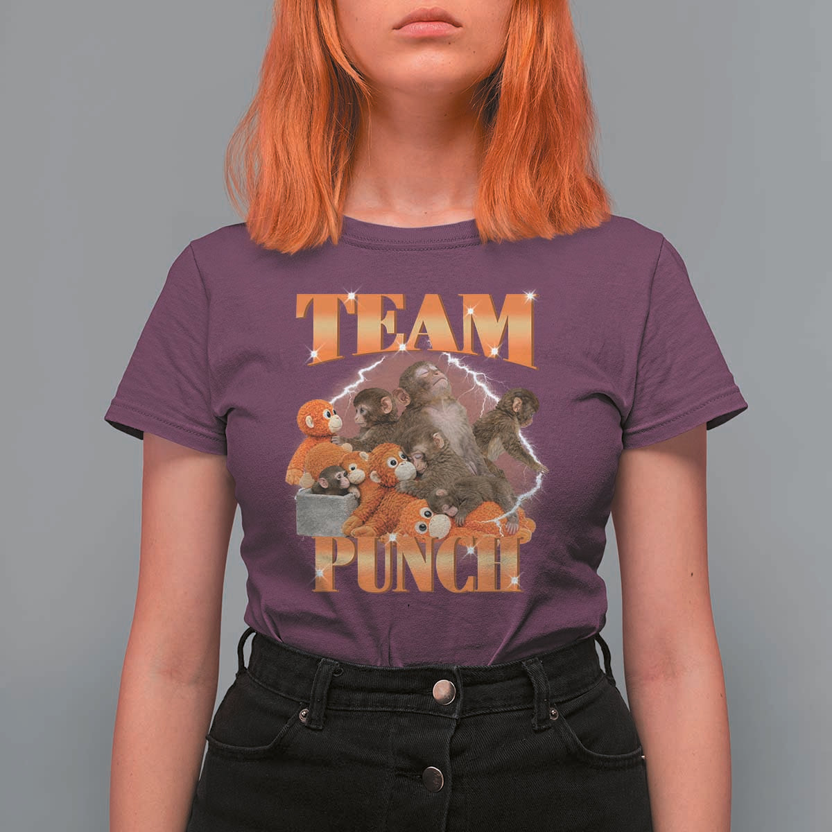 Viral Punch Monkey T Shirt For Women Cute Baby Monkey With Plush Toy Meme