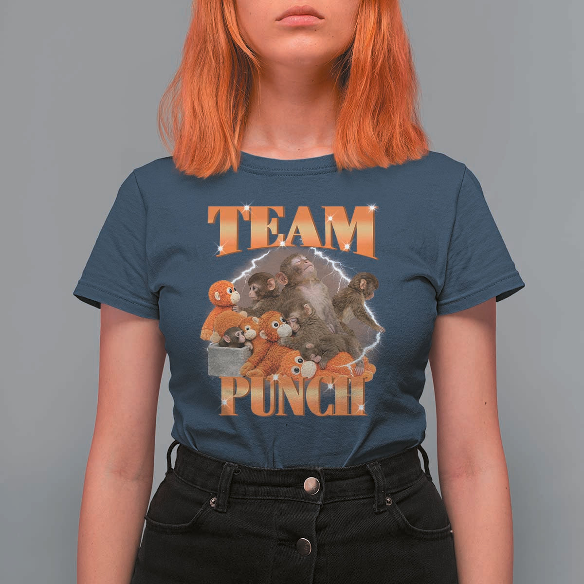 Viral Punch Monkey T Shirt For Women Cute Baby Monkey With Plush Toy Meme