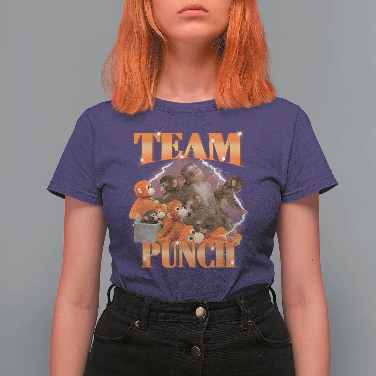 Viral Punch Monkey T Shirt For Women Cute Baby Monkey With Plush Toy Meme