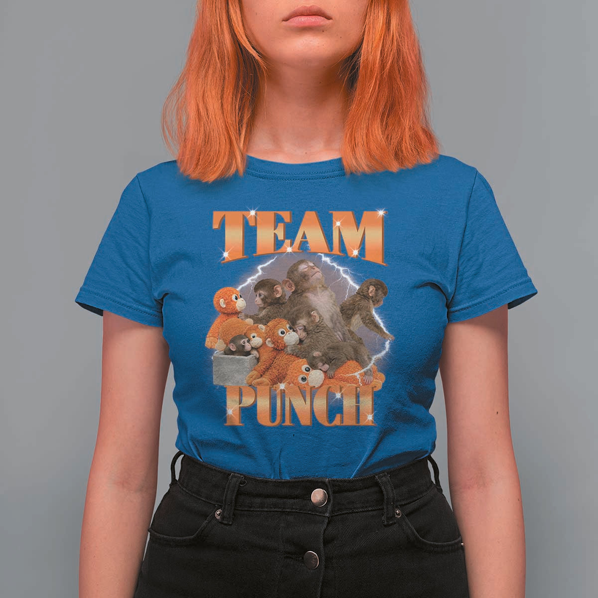 Viral Punch Monkey T Shirt For Women Cute Baby Monkey With Plush Toy Meme