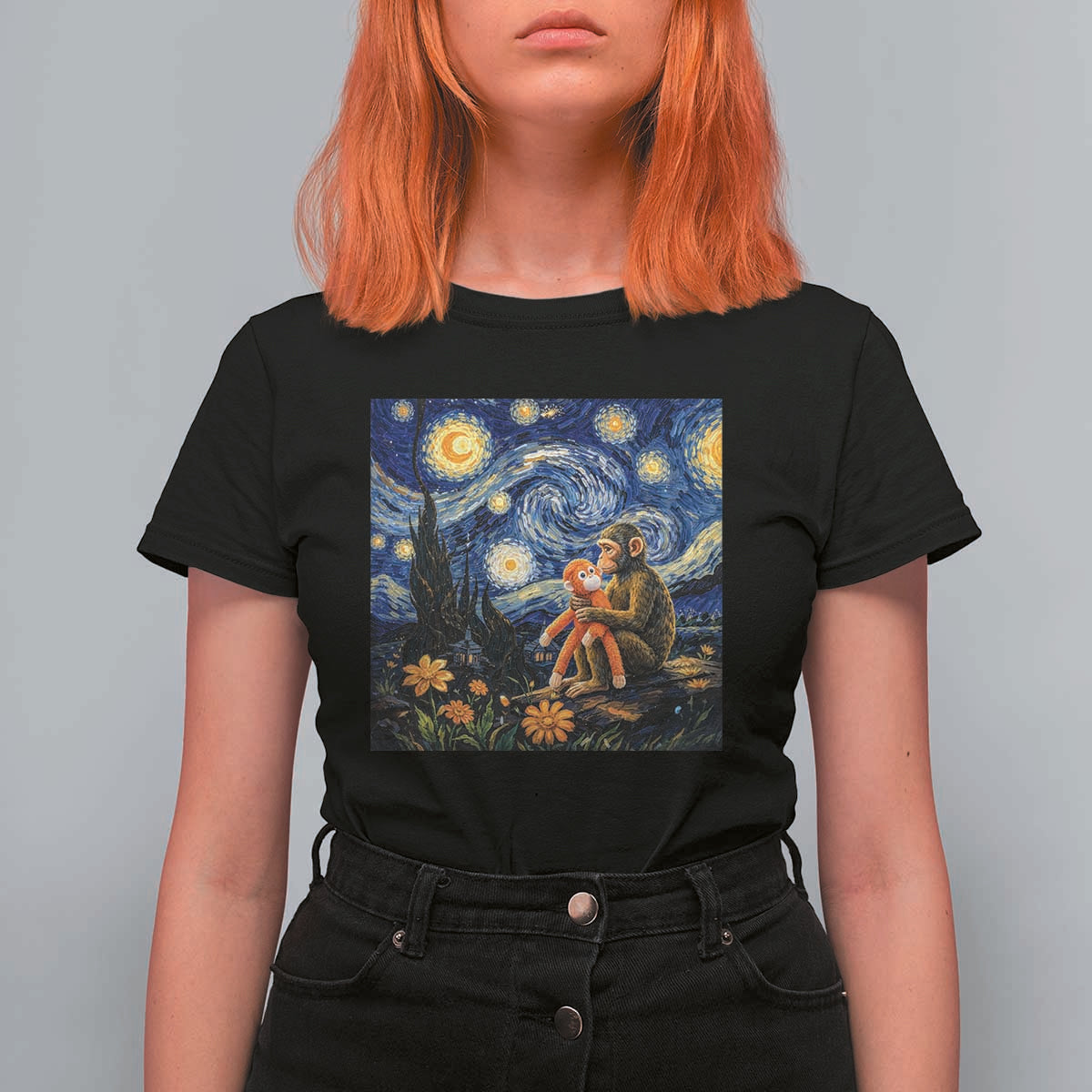 Baby Monkey Punch Starry Night Viral Trend T Shirt For Women
